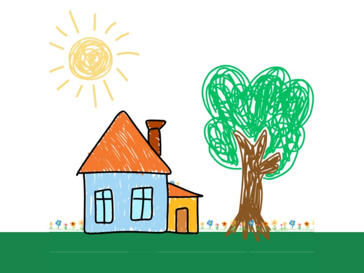 A child's drawing of a house surrounded by flowers and a tree