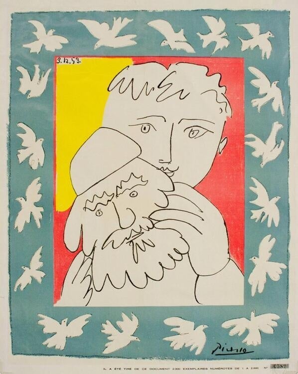 A colorful print by Pablo Picasso depicting a young figure peeking from behind a bearded mask. Rendered in fluid black lines, the simplified figures are set against bold blocks of yellow and red, while a border of white doves on a pale blue background surrounds the central scene. The playful composition, bright colors, and repeated birds evoke themes of affection, peace, and human connection.