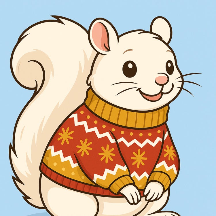 albino squirrel wearing a festive sweater