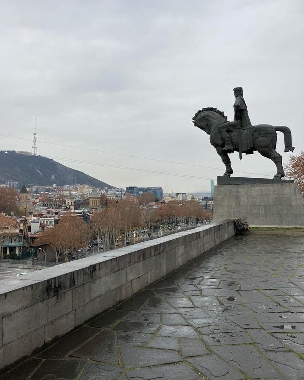 Statue of a horse overlooking a city