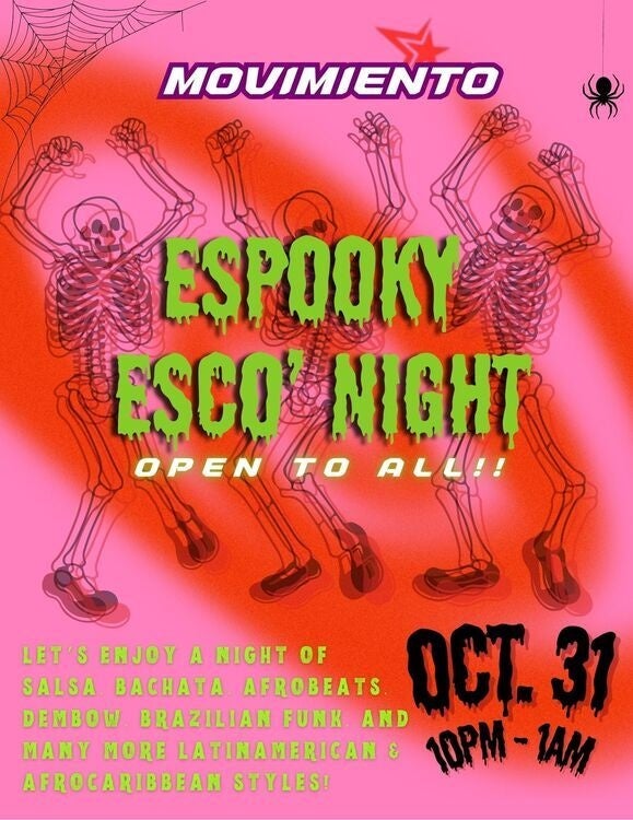 poster that says espooky esco night open to all, with a pink background and 3 skeletons that are dancing