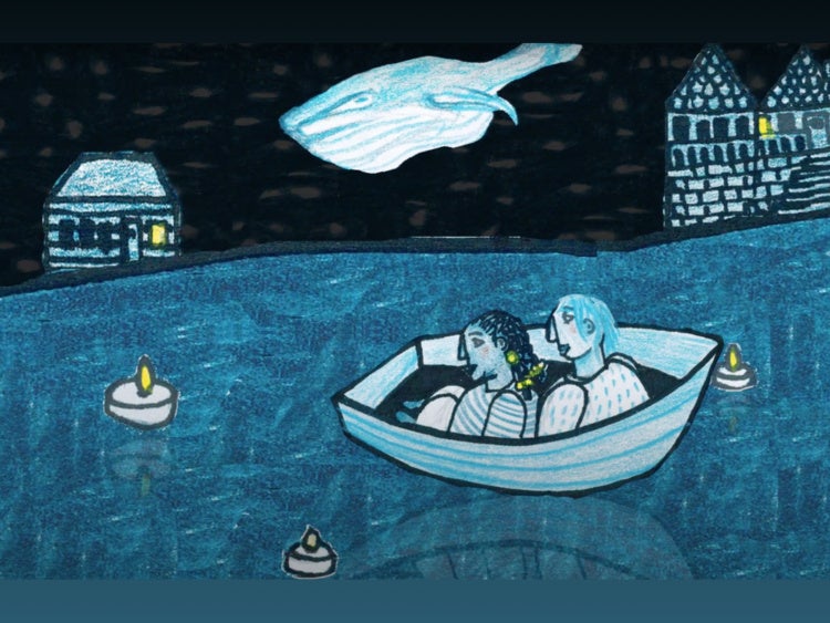 Black and blue drawing of children sailing a boat, a whale in the sky above them.