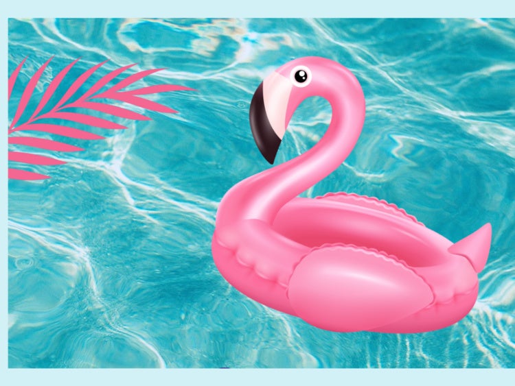 Pink flamingo pool toy sits on the surface of blue water
