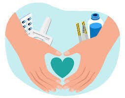 Cartoon hands in heart shape with narcan and test strips in the background