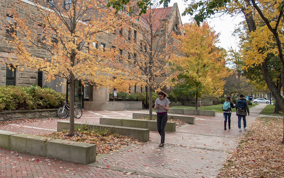 entrance to a stone building by a brick sidewalk