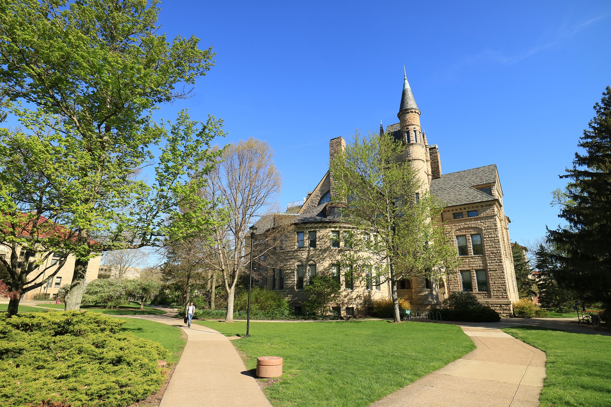 Peters Hall under a blue sky.