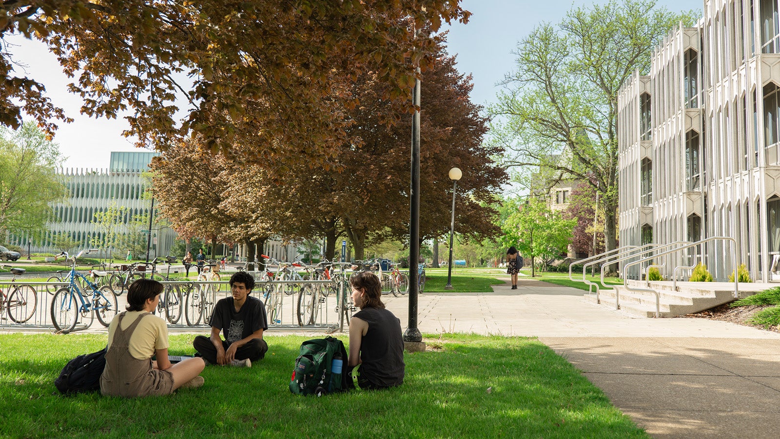 A small circle of students sits in the grass near a bike rack.
