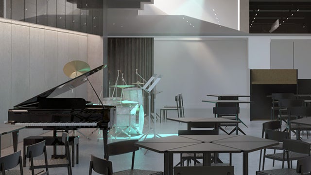 A piano and drum set surrounded by small tables