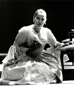 Rhiannon Giddens in operatic costume (black and white photo).