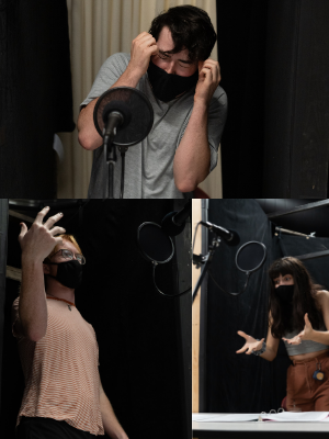 collage of three people in masks making hand movements.