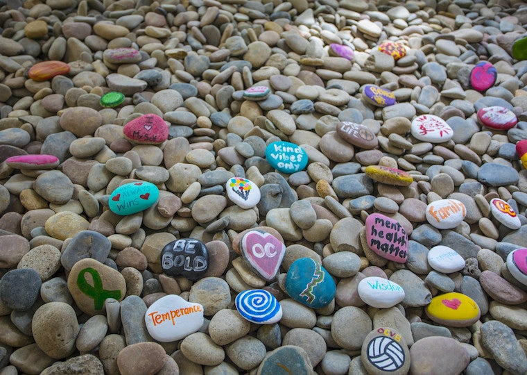 Pebbles in a rock garden with words and symbols painted on them.