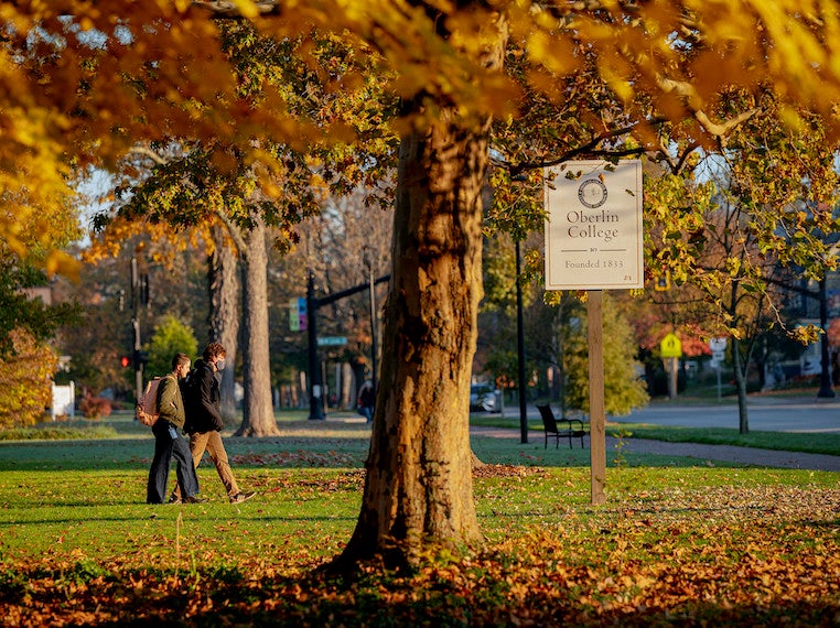 Two students walk down a leaf covered path in a park.
