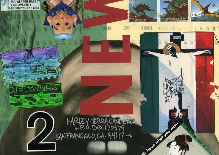 A collage of drawings and stamps.