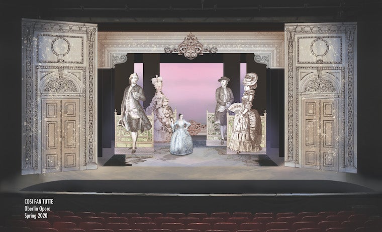 A rendering of a set design with large ornate doors and large figures of a Victorian dressed man and woman. 