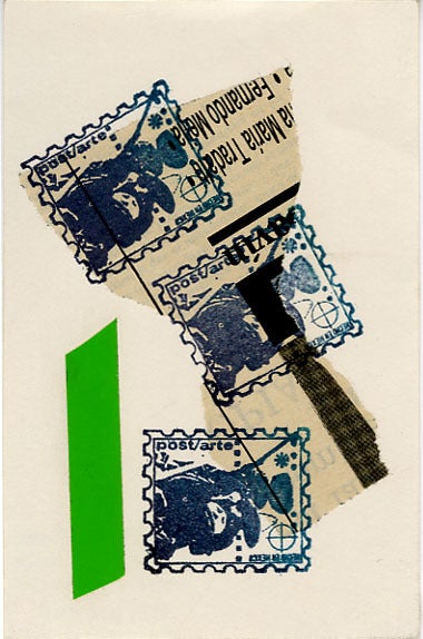 A collage of stamps and shapes