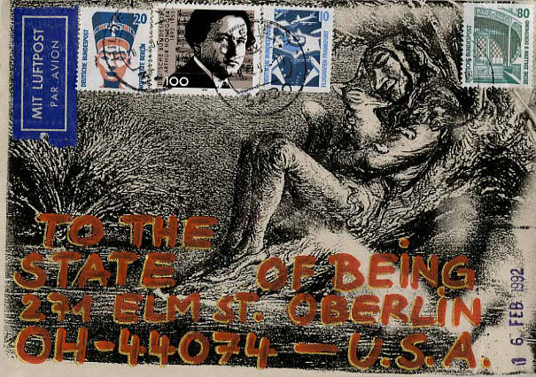 A drawing of a man sitting in bed.