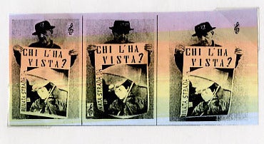 Three blocks with a person wearing a hat holding up a sign.