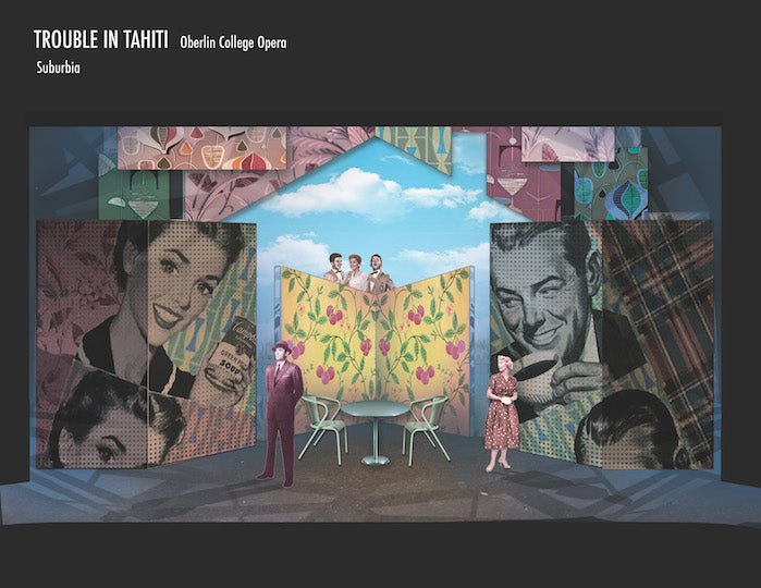 A rendering of a stage set with a collage of faces from the 1950s.