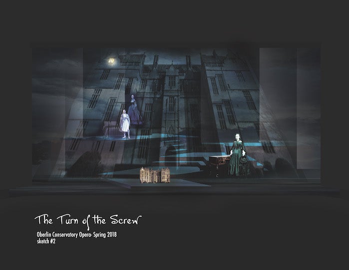 A rendering of a ghostly building women dressed in victorian attire and a dollhouse.