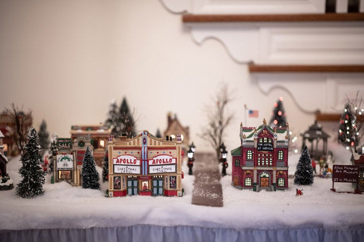 Miniature models of Oberlin landmarks including the Apollo Theater and FAVA with winter scenery.
