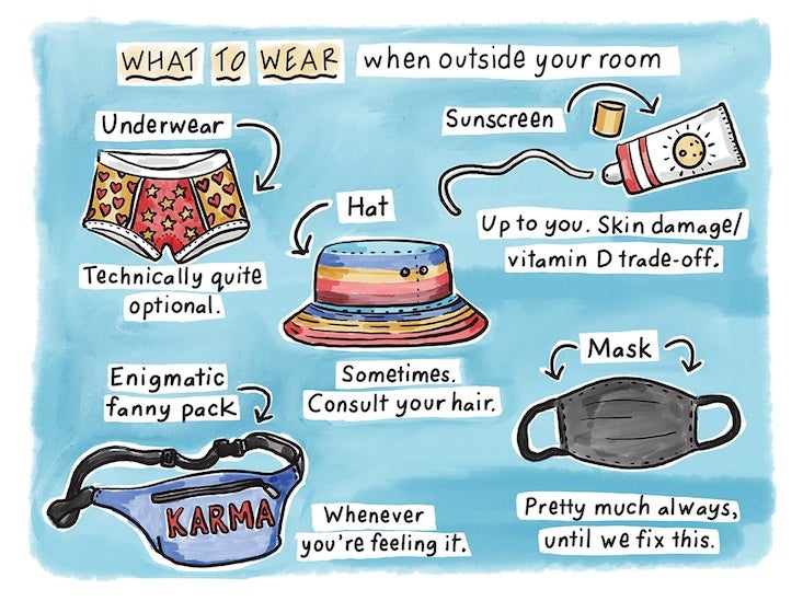 A fun illustration titled What to Wear when Outside Your Room. Transcription follows.