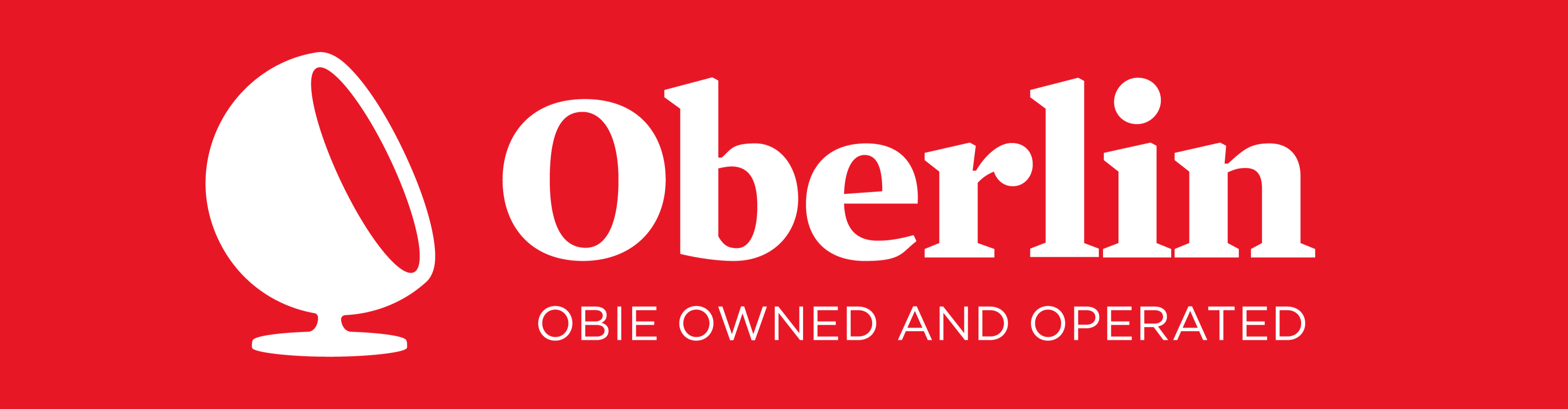 Red Background with white text reading "Obie Owned and Operated" with a womb chair.