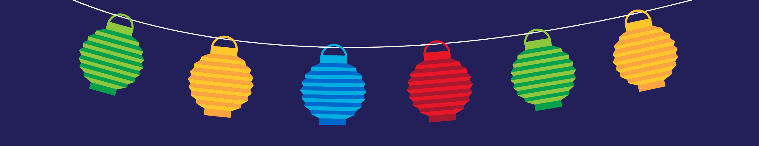 A string of colorful VRW Illumination lanterns