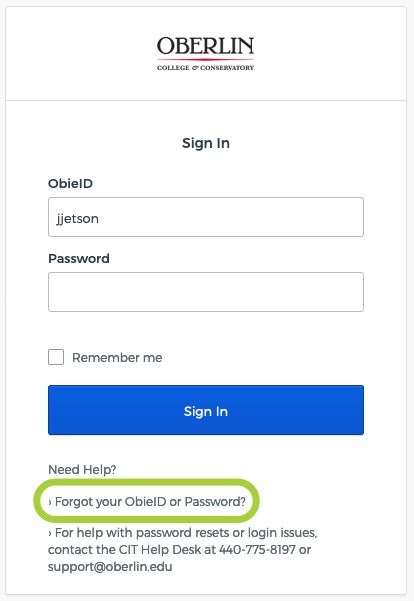 Image shows a screenshot of the login page with the "Forgot your ObieID or Password?" link highlighted.