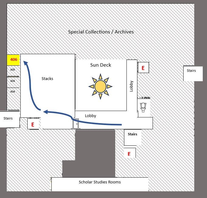 Image of Mudd Center Fourth Floor floorplan with arrow to room 406