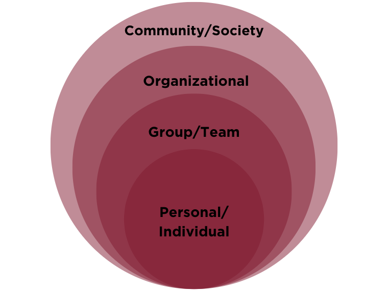 3 circles within a large circle; smallest circle is labeled personal/individual, larger is labeled group/team, larger than that is labeled organizational, and largest is labeled community/society
