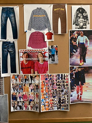 Pictures of clothing items pinned to a cork board