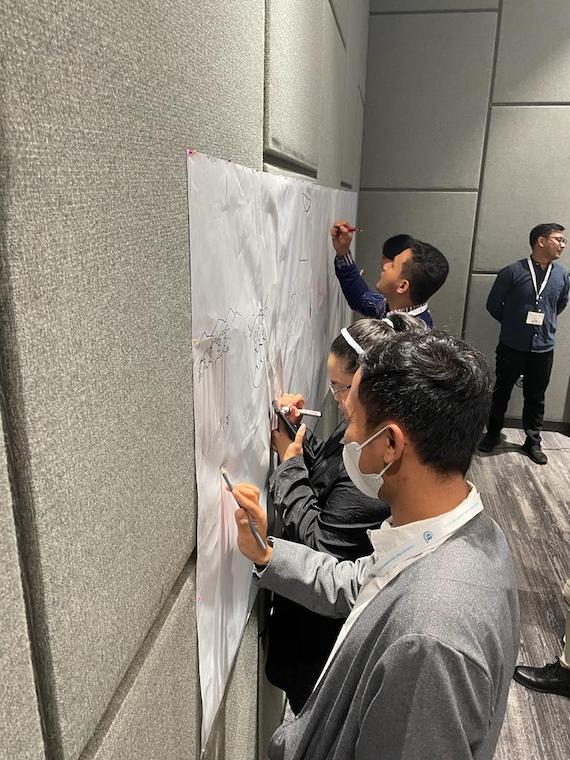 people draw on sheets of paper on the wall