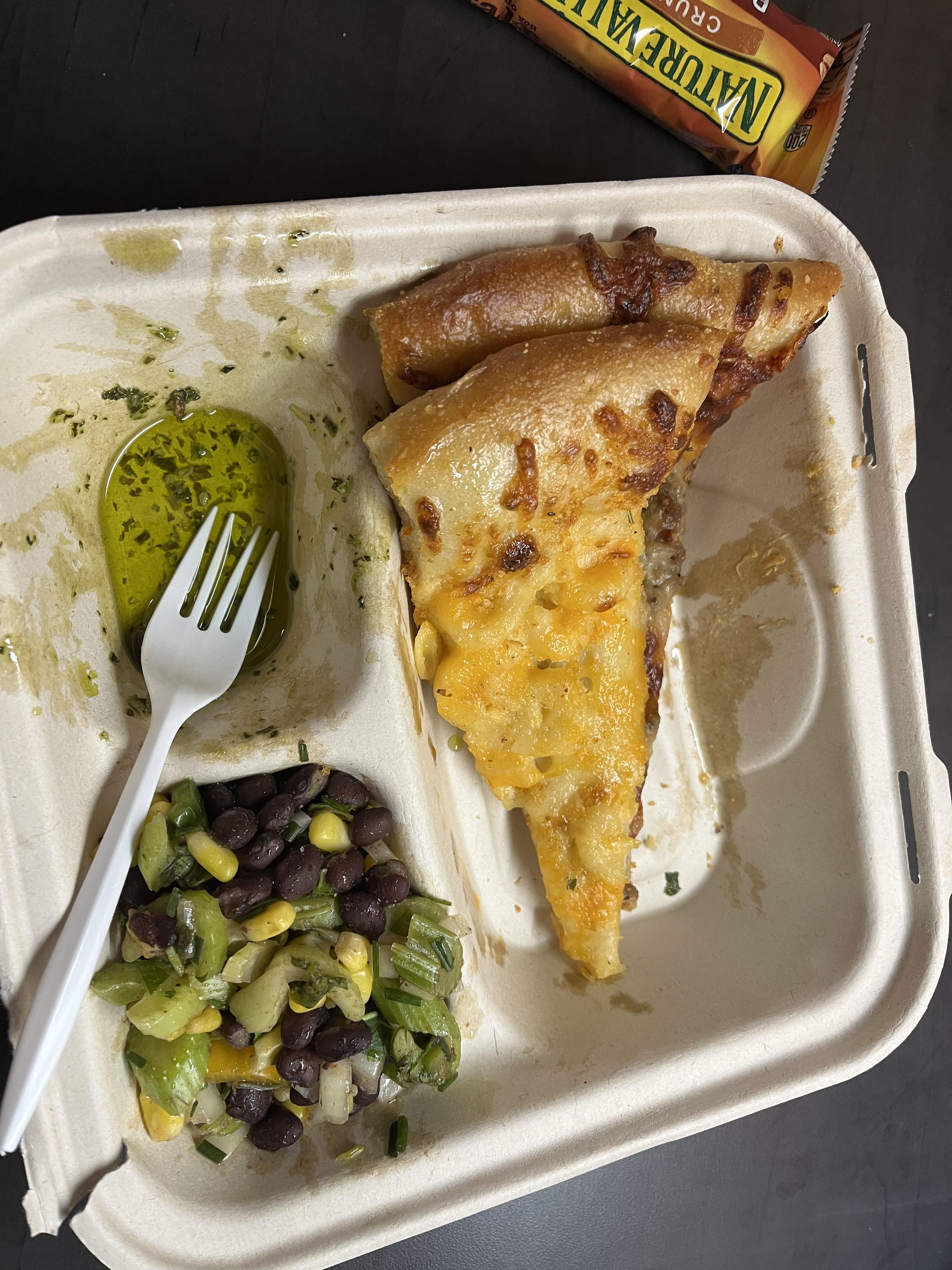 Macaroni and Cheese Pizza and Vegetables in a to-go box.