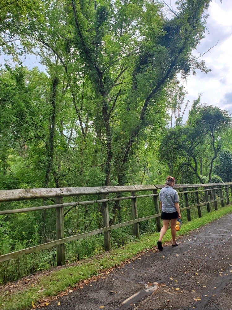 Ruth walking on the green Oberlin bike path