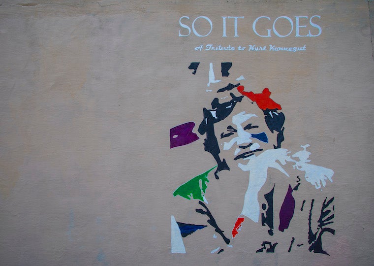 An impressionistic mural of writer Kurk Vonnegut.