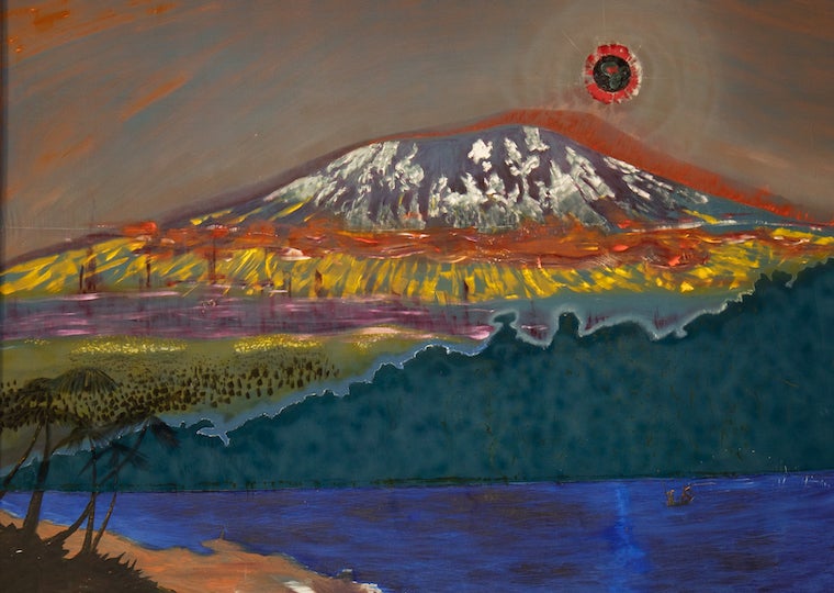 A mural of a mountain, palm trees, and water.