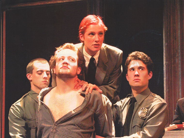 Garrett Monaghan as Ensemble, John Zajac as Antonio, Mary Ross as Portia, Avery Monsen as Ensemble in The Merchant of Venice, May 2-4, 2003