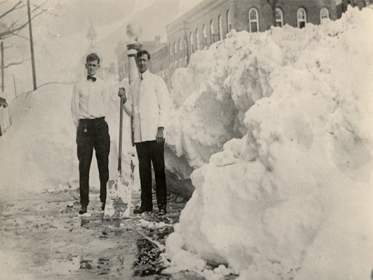 Snow piled up in front of businesses in downtown Oberlin.