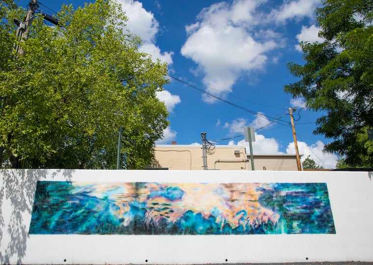 A long chalk drawing on a wall.