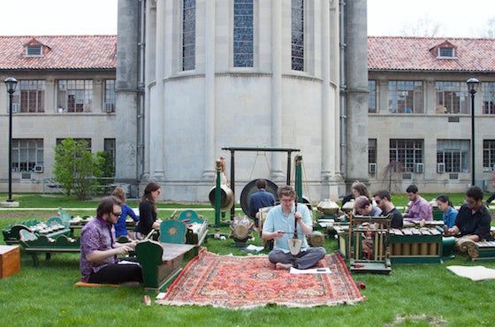 the Indonesian Gong Ensemble perform outside of the Asia House complex