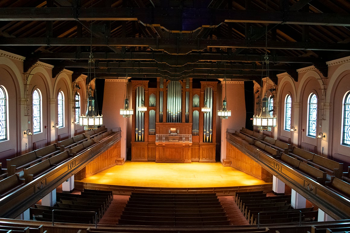 expansive view of Finney Chapel and the organ that dominates the back of the stage