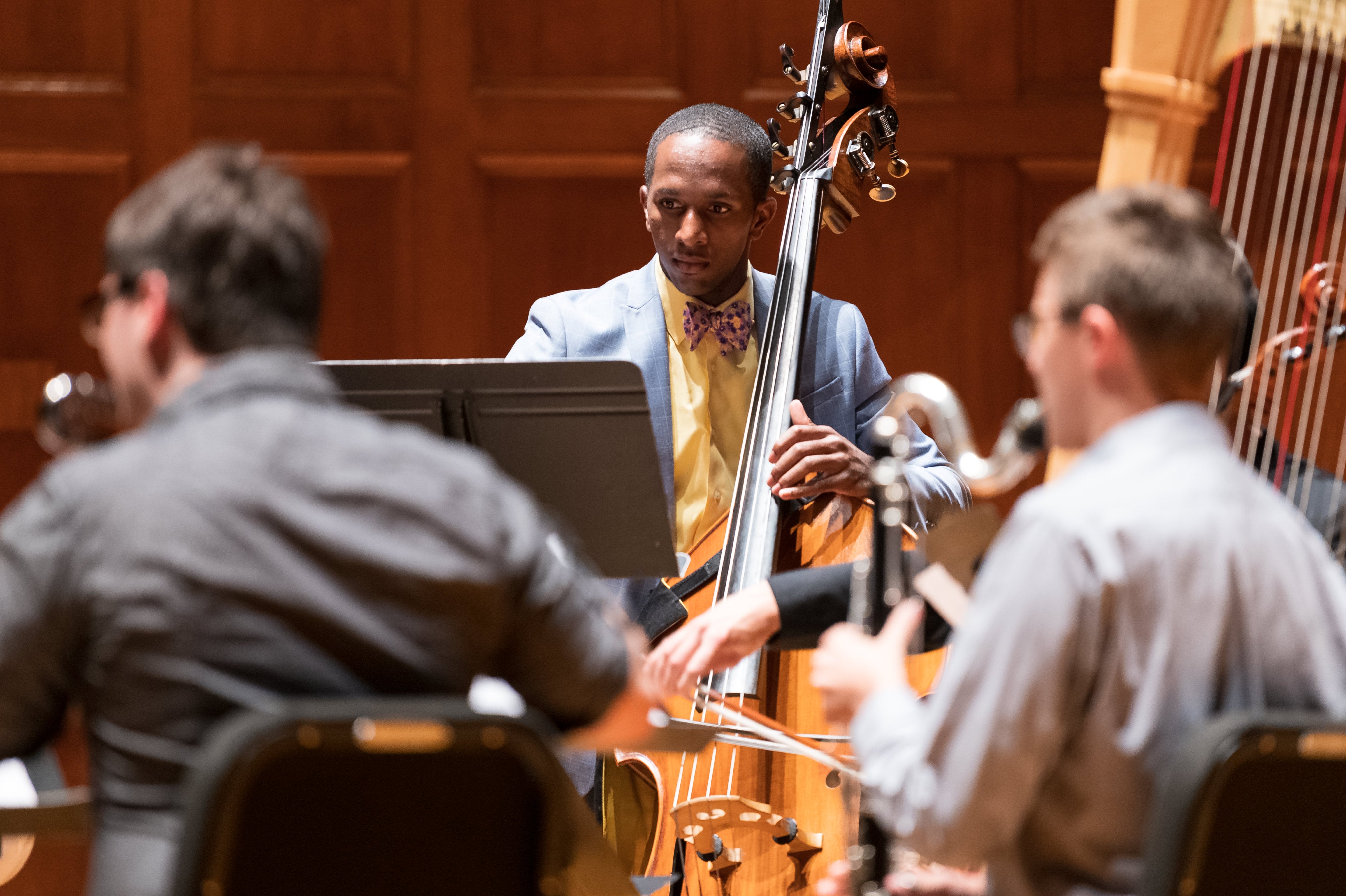 Students perform chamber music. Double bass, flute, clarinet, and harp students pictured.