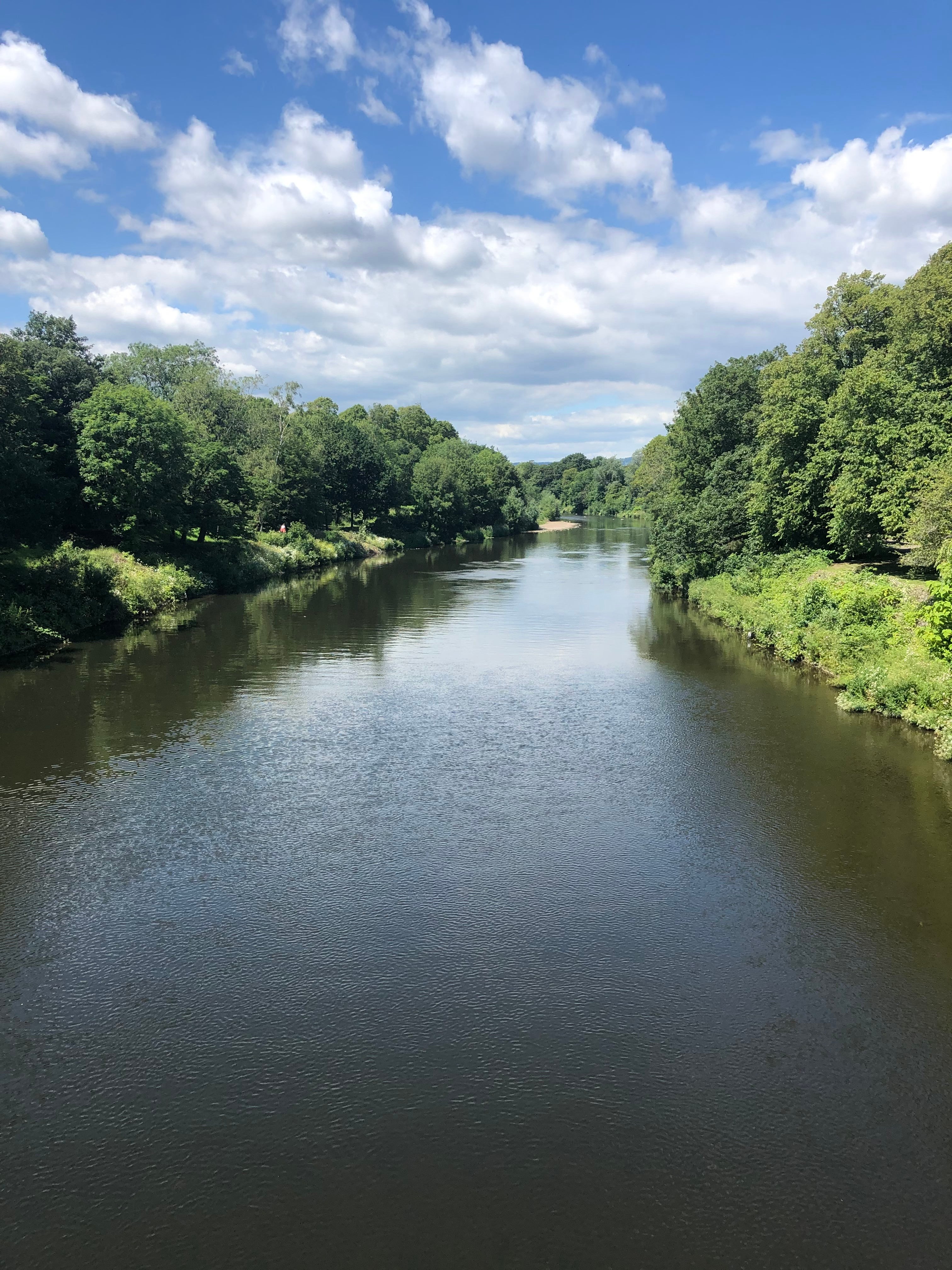 This is the River Taff. The water is wide and deep blue, with trees lining either side. The sky is blue and mostly clear of clouds.