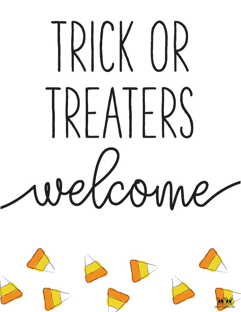 Trick or Treaters Welcome (handwritten) with candy corn decoration