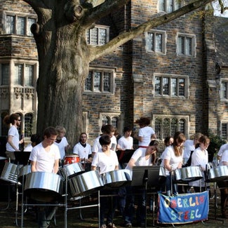 Steel drum band performing outdoors
