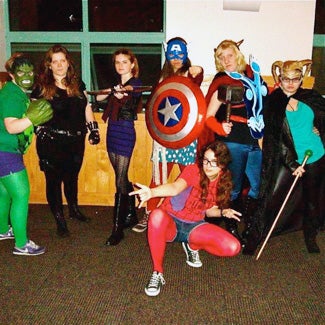 Rosie and friends, costumed as The Avengers.