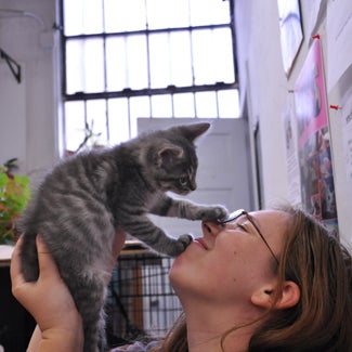 Sierra holds up a kitten, which paws at her glasses.