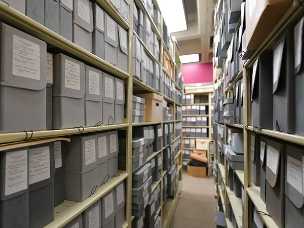 Shelves full of labelled boxes.
