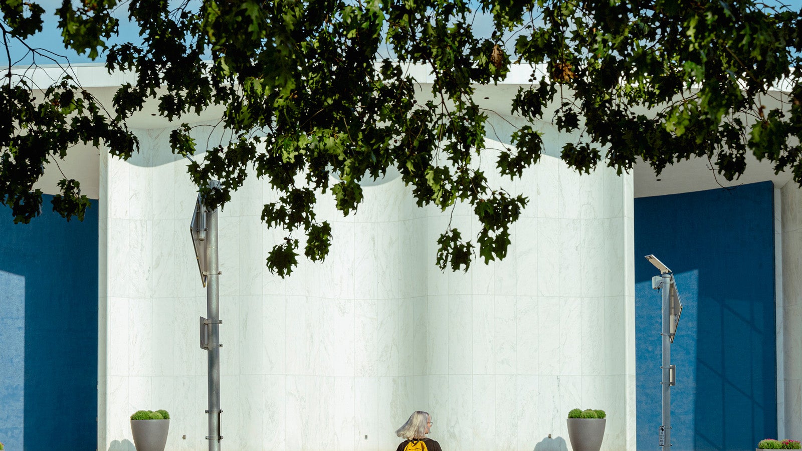 The curved, concrete facade of Hall Auditorium.