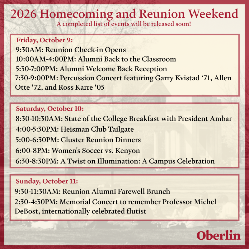 A graphic listing some specific events over Homecoming Reunion Weekend 